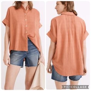 Madewell Orange Textured Windowpane Cotton Button Up Courier Pintuck-Back Shirt